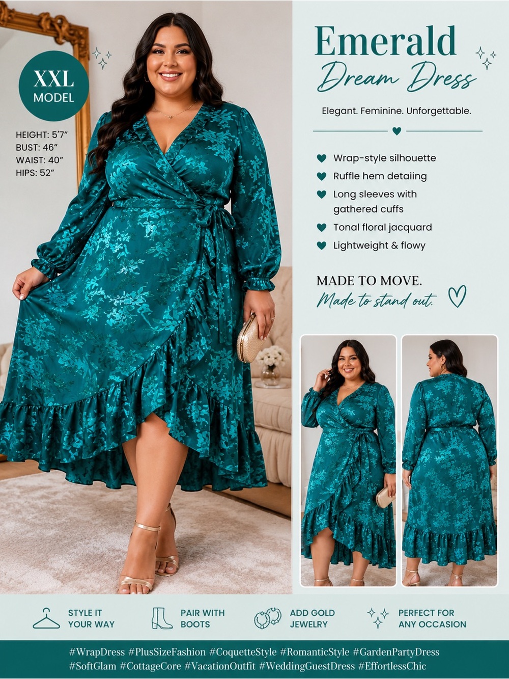 NWT Draper James Emerald Green Velvet Burnout Wrap Ruffle Dress Size XXL